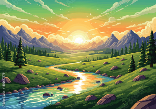 Beautiful sunset mountain landscape with winding river, green valley, pine trees, glowing sky, peaceful nature scenery illustration in vibrant colors