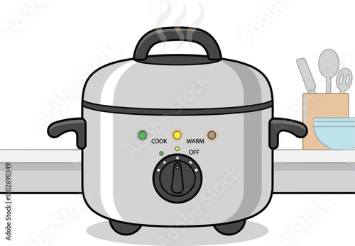 Electric rice cooker steaming on kitchen counter with control knob and indicator lights in clean minimalist cooking appliance illustration