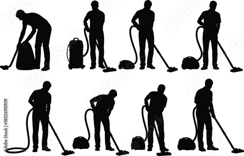 WebSilhouette set of man using vacuum cleaner for floor cleaning, home maintenance and hygiene, housekeeping worker cleaning service vector illustration design, isolated