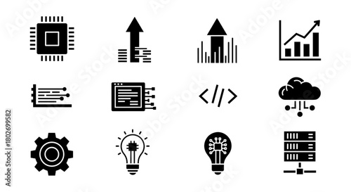 Modern technology icons set: data, coding, cloud, growth, and innovation