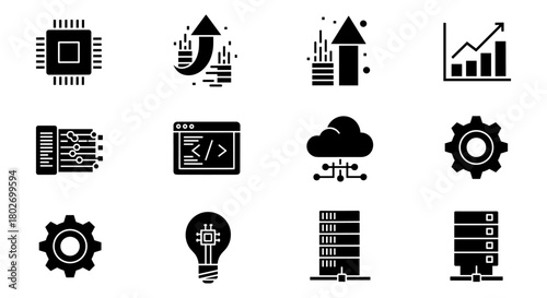 Modern technology icons: innovation, growth, and digital solutions in simple black style