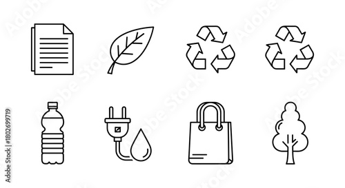 Eco-friendly icons: sustainability and recycling symbols in linear style