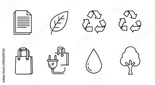 Eco-friendly icons: minimalist linear symbols for sustainability and recycling themes