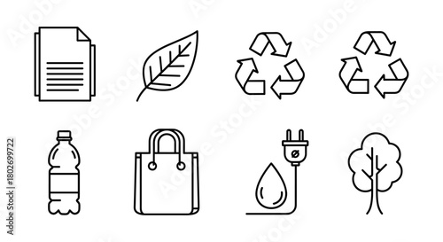 Eco-friendly icons: recycling, renewable energy, and sustainable living in line art