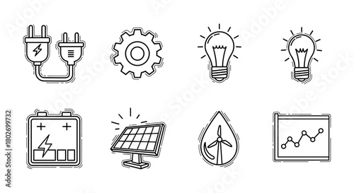Minimalist energy icons set featuring renewable power and technology