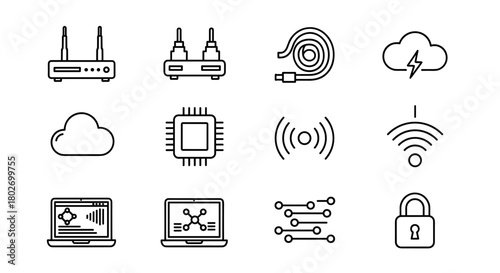 Minimalist technology icons collection featuring cloud, network, and security symbols