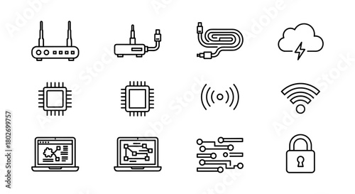 Minimalist icons of networking technology and digital security