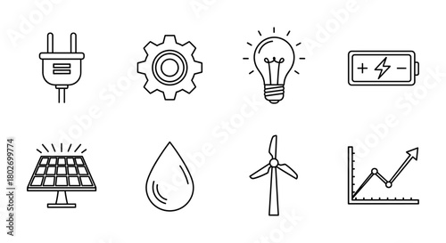 Renewable energy icons: linear style representations of sustainable technology