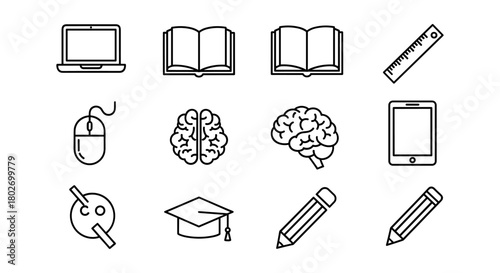 Education and technology icons in minimalist line art for learning and design