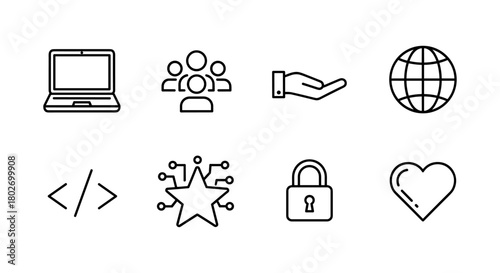 Minimalist outline icons for technology, security, and global connections