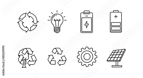 Eco-friendly icons collection in minimal linear design for sustainable energy concepts