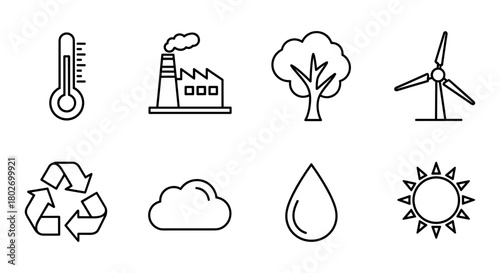 Eco icons set: energy, environment, and sustainability symbols in linear style