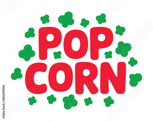 The word "POPCORN" is written in large red letters surrounded by green shapes that resemble popcorn.