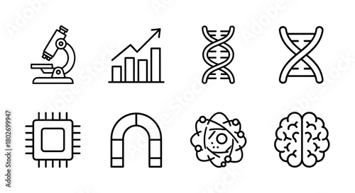 Science icons: microscopy, data, dna, electronics in linear style