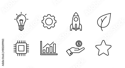 Minimalist linear icons set featuring technology, growth, and innovation elements