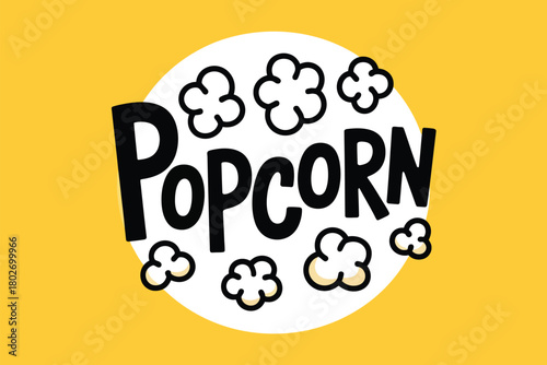 The word 'Popcorn' is displayed in bold black lettering against a white circle, surrounded by cartoonish puffs of steam, on a bright yellow background.