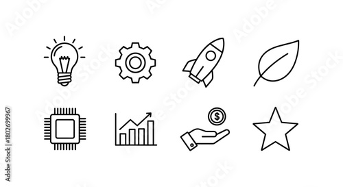 Minimalist black outline icons: innovation and growth concepts