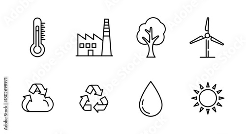 Eco-friendly line icons: renewable energy, recycling, and nature symbols