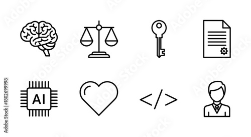 Linear icons: brain, scales, key, document, ai chip, heart, code, businessperson