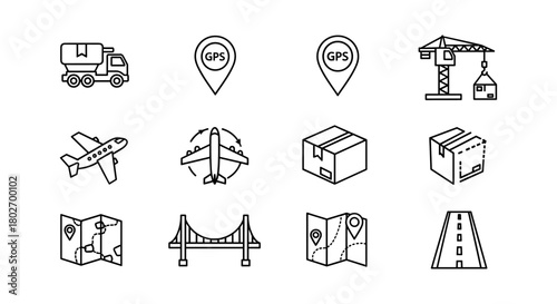 Minimalist transport and navigation icons collection in linear style