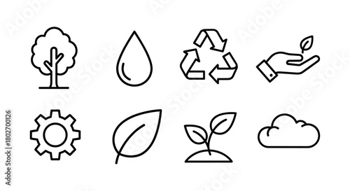 Minimalist eco-friendly icons set: nature, sustainability, and green design symbols