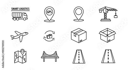 Logistics and delivery icons - gps, shipping, transportation, infrastructure, and more