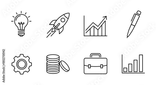 Business icons: innovation, growth, and productivity in simple line art style