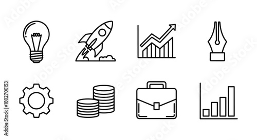 Minimal linear icons for business and finance concepts with growth and innovation