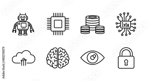 Futuristic linear icons of technology: ai, cloud, chip, and security symbols