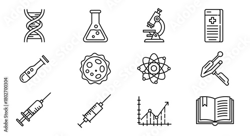 Linear science icons: dna, microscope, chemistry, medical tools, lab equipment