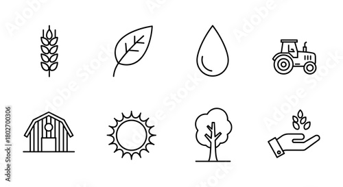 Minimalist farming icons: agriculture, nature, and sustainability symbols