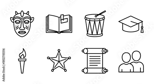 Collection of linear icons: mask, book, drum, graduation cap, torch, badge, scroll, people
