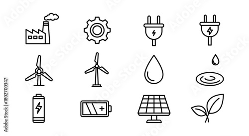 Linear style icons of renewable energy and sustainable industry solutions