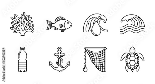 Ocean conservation icons: marine life, pollution, and nautical elements in line art