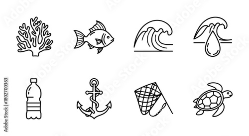 Ocean conservation outline icons: marine life, pollution, and nautical symbols