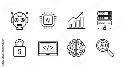 Linear icons of artificial intelligence and data technology concepts