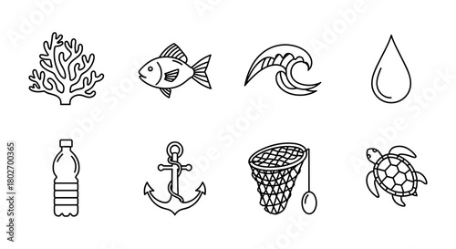 Ocean conservation icons: marine life and pollution in linear style