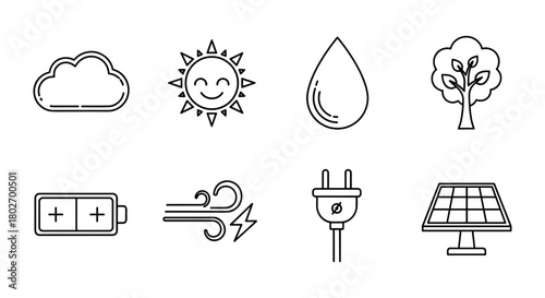 Eco-friendly line art: renewable energy and nature icons