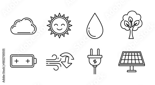 Linear icons of renewable energy and nature elements