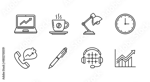 Business and productivity line icons set with coffee, laptop, and clock