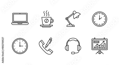 Minimalist office icons collection: technology, communication, and productivity essentials