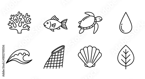 Minimalist ocean and nature icons: coral, fish, turtle, leaf, wave, and shell in black and white