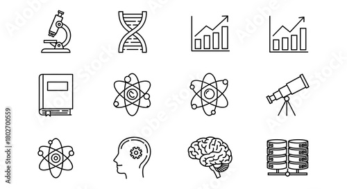 Science icons set: linear education and research symbols