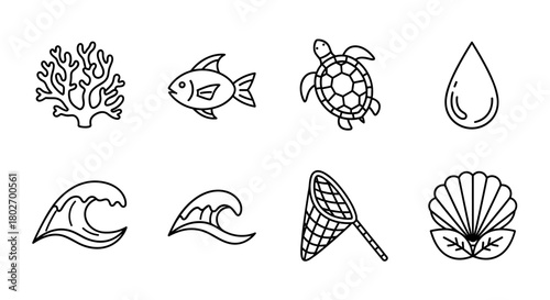 Ocean icons set: marine life and nature in minimal line art style
