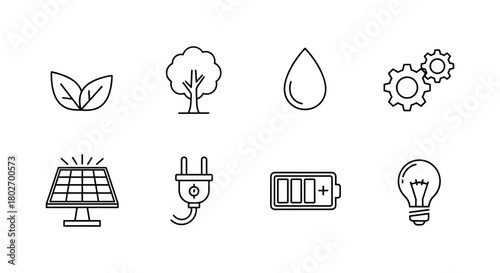 Eco-friendly energy and sustainability icons in minimalist line art design