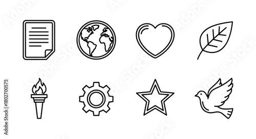 Minimalist outline icons of earth, heart, leaf, gear, star, torch, dove, and document