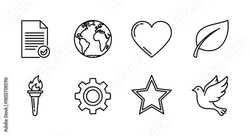 Simple linear icons of document earth heart leaf torch gear star dove