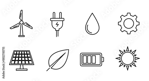 Clean energy icons: solar, wind, and eco-friendly symbols in linear style