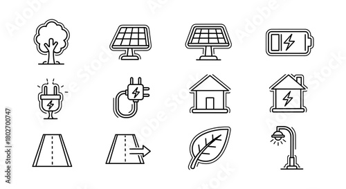 Eco-friendly energy and infrastructure linear icons set
