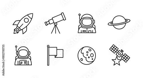 Space exploration icons: linear design featuring astronauts, telescope, rocket, and planet